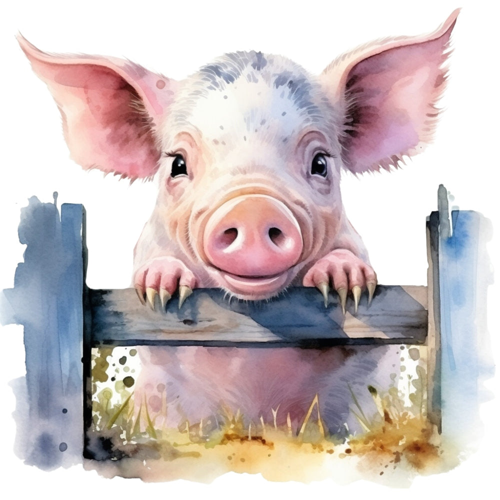 Light Blue Farm Animals Fabric Panel 14 featuring a detailed watercolor piglet peeking over a rustic wooden fence design.