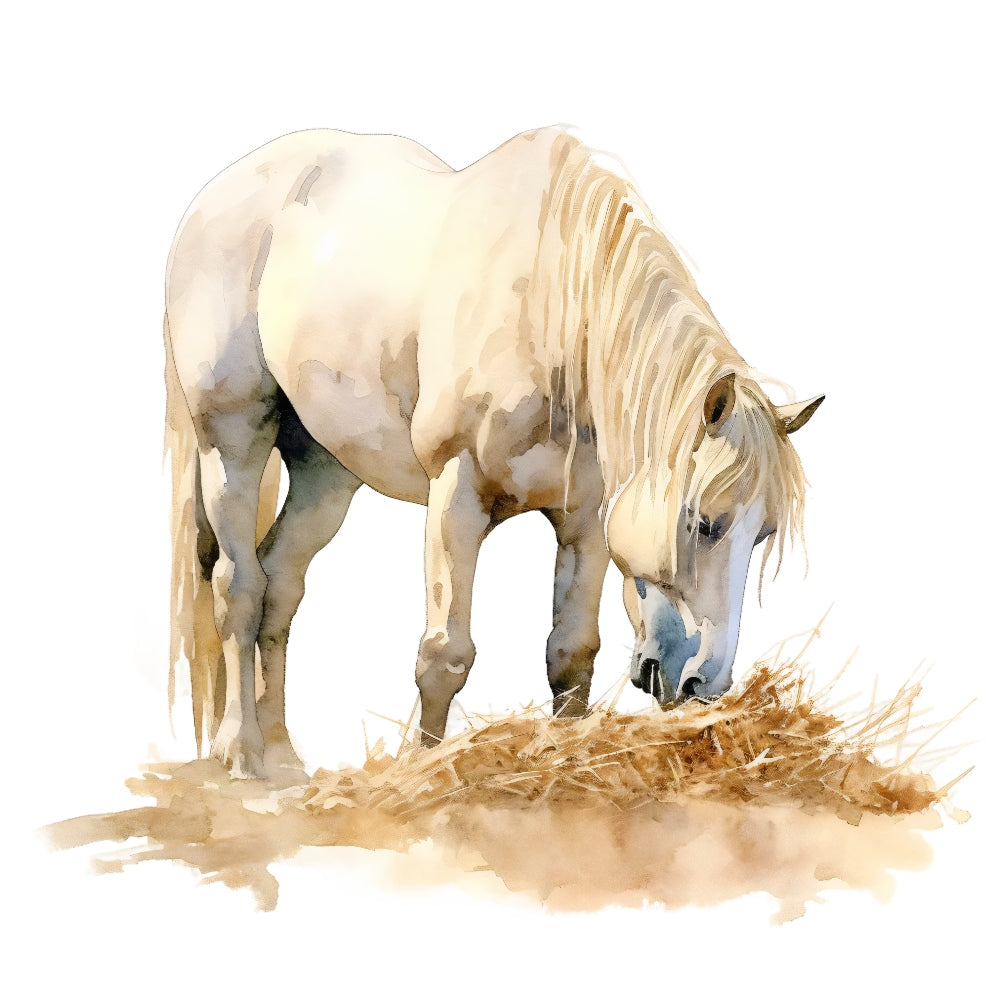 Majestic Horse Fabric Panel 12 shows a detailed watercolor of a white horse grazing, printed on premium quilting cotton.