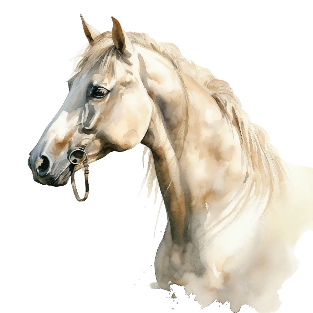 Majestic Horse Fabric Panel 15 features a detailed watercolor portrait of a light-colored horse on premium quilting cotton.