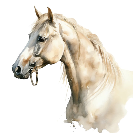 Majestic Horse Fabric Panel 15 features a detailed watercolor portrait of a light-colored horse on premium quilting cotton.