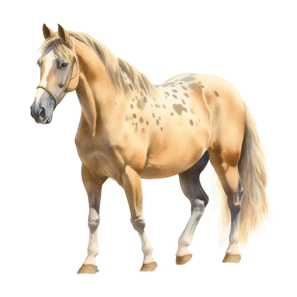 Majestic Horse Fabric Panel 2 featuring a detailed golden horse with spots, printed on premium quilting cotton in the USA.