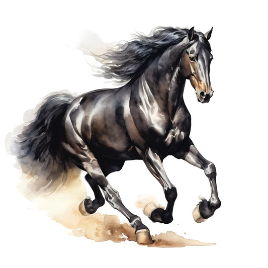 Majestic Horse Fabric Panel 21 featuring a detailed, flowing black horse illustration printed on premium quilting cotton.