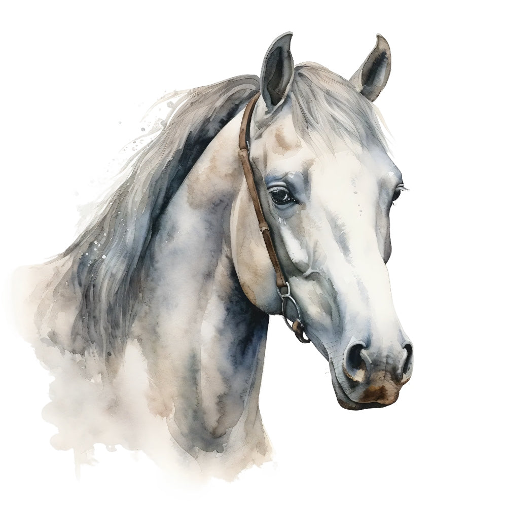 Majestic Horse Fabric Panel 26 features a detailed watercolor painting of a white horse’s head with a soft mane and bridle.