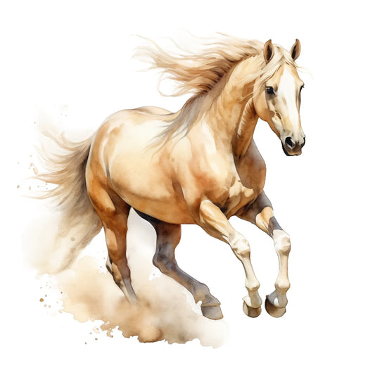 Majestic Horse Fabric Panel 29 featuring a galloping light brown horse printed on premium quilting cotton.