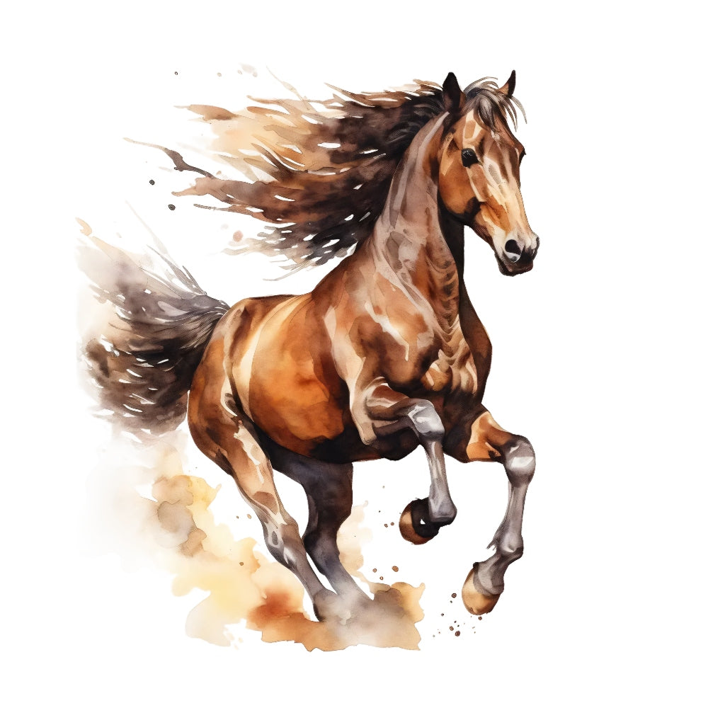 Majestic Horse Fabric Panel 32 shows a galloping brown horse with flowing mane in premium quilting cotton print.