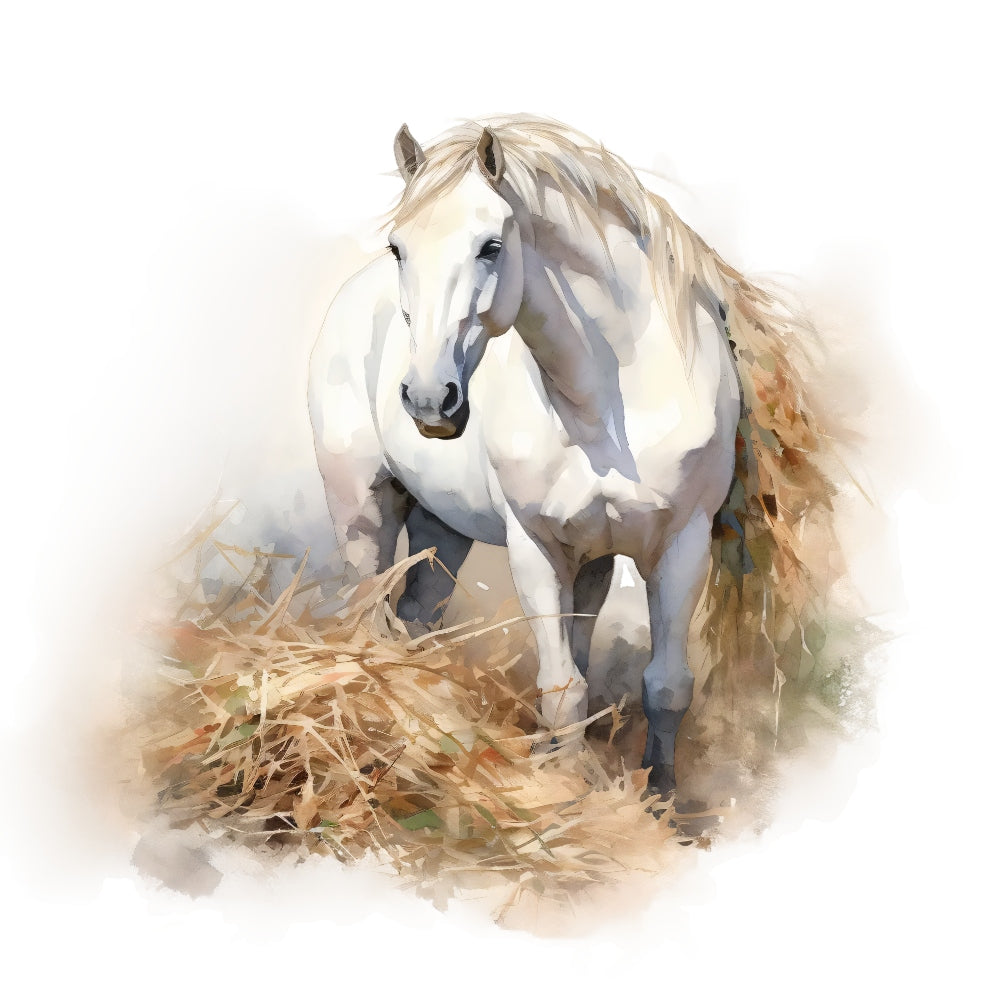 Majestic Horse Fabric Panel 38 features a detailed white horse standing by dry grass in premium quilting cotton print.