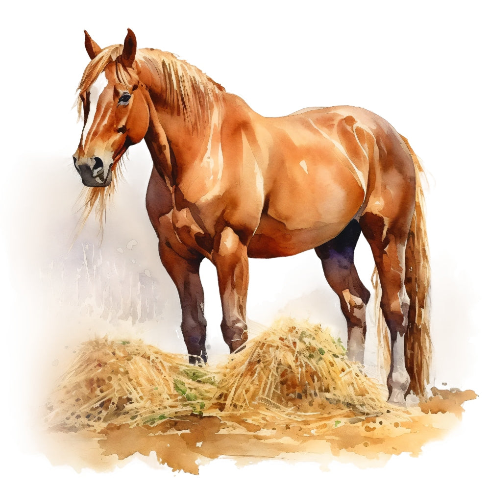 Majestic Horse Fabric Panel 6 showing a detailed, premium cotton print of a brown horse standing by hay.