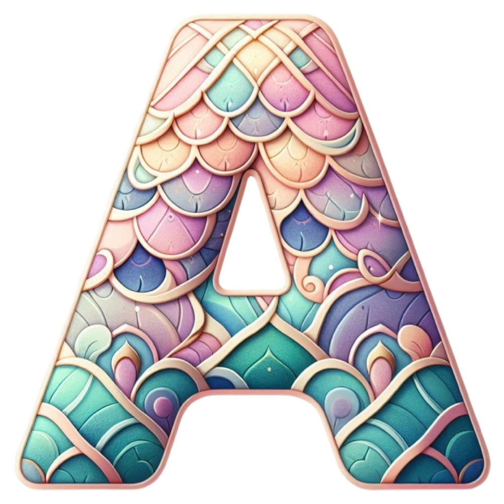 Mermaid Letter A Fabric Panel featuring intricate pastel scales and waves printed on premium quilting cotton in the USA.