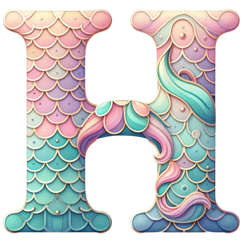 Mermaid Letter H Fabric Panel with pastel scales and fin design in premium quilting cotton printed in the USA