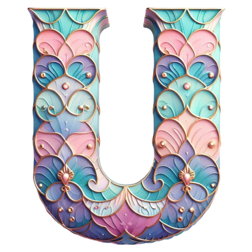 Mermaid Letter U Fabric Panel featuring intricate blue and pink mermaid scale design on premium quilting cotton.