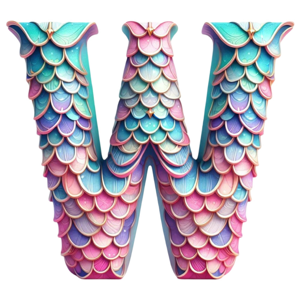 Mermaid Letter W Fabric Panel featuring pastel mermaid scales in pink, blue, and purple hues with intricate texture design.