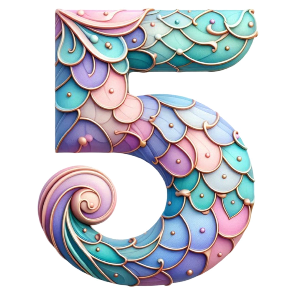Mermaid Number 5 Fabric Panel featuring colorful, detailed mermaid scale design in pastel hues on premium quilting cotton.