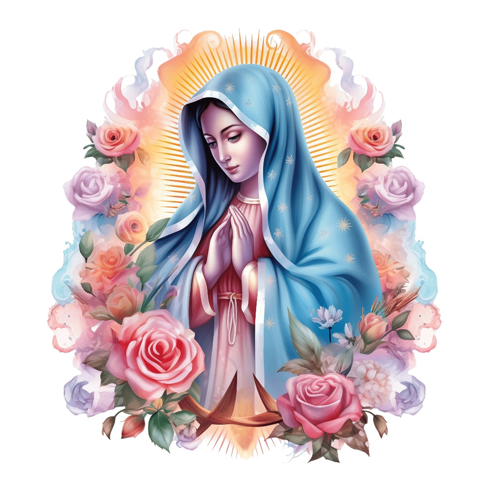 Mother Mary Catholic Fabric Panel 1 featuring a serene Virgin Mary with blue cloak surrounded by vibrant roses and radiant light.