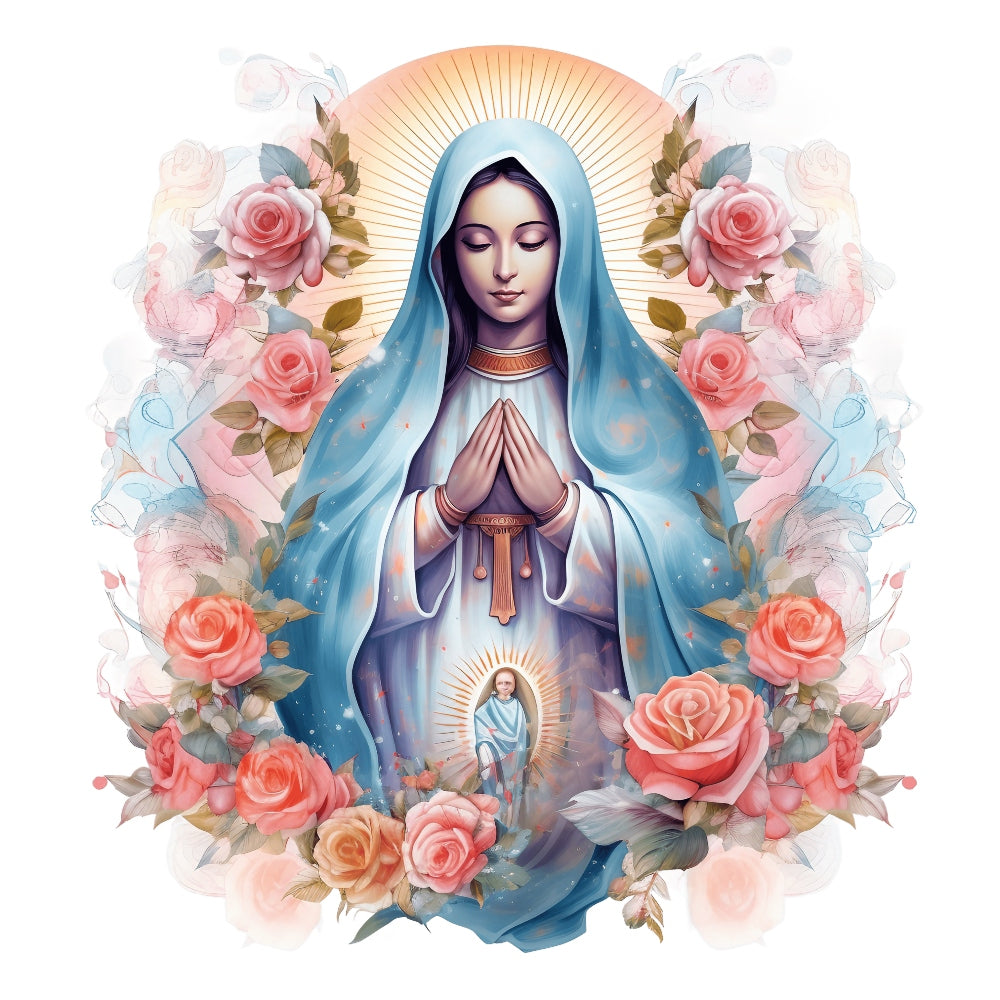 Mother Mary Catholic Fabric Panel 10 with praying Virgin Mary surrounded by soft pink roses and glowing halo, premium quilting cotton design.