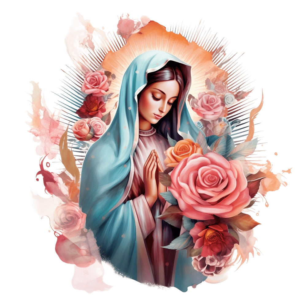 Mother Mary Catholic Fabric Panel 11 featuring a serene Virgin Mary in blue with pink roses, premium quilting cotton print.