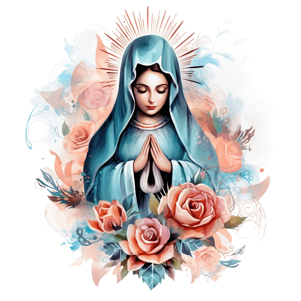 Mother Mary Catholic Fabric Panel 12 featuring a praying Virgin Mary with a blue veil and roses, printed on premium quilting cotton.