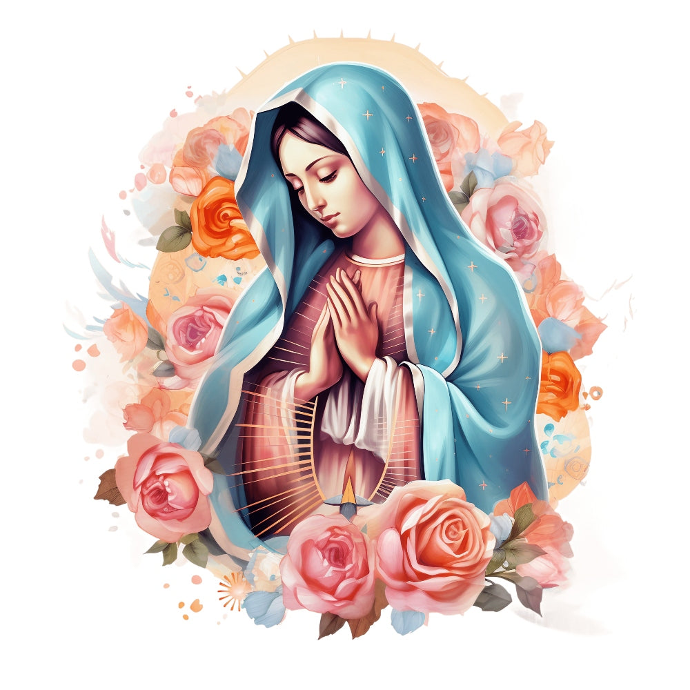 Mother Mary Catholic Fabric Panel 13 features a serene Virgin Mary in blue with pink roses, printed on premium quilting cotton.