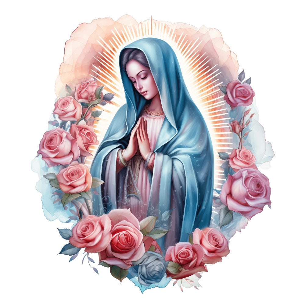 Mother Mary Catholic Fabric Panel 14 featuring Virgin Mary in blue robe surrounded by roses and radiant halo, premium quilting cotton print.