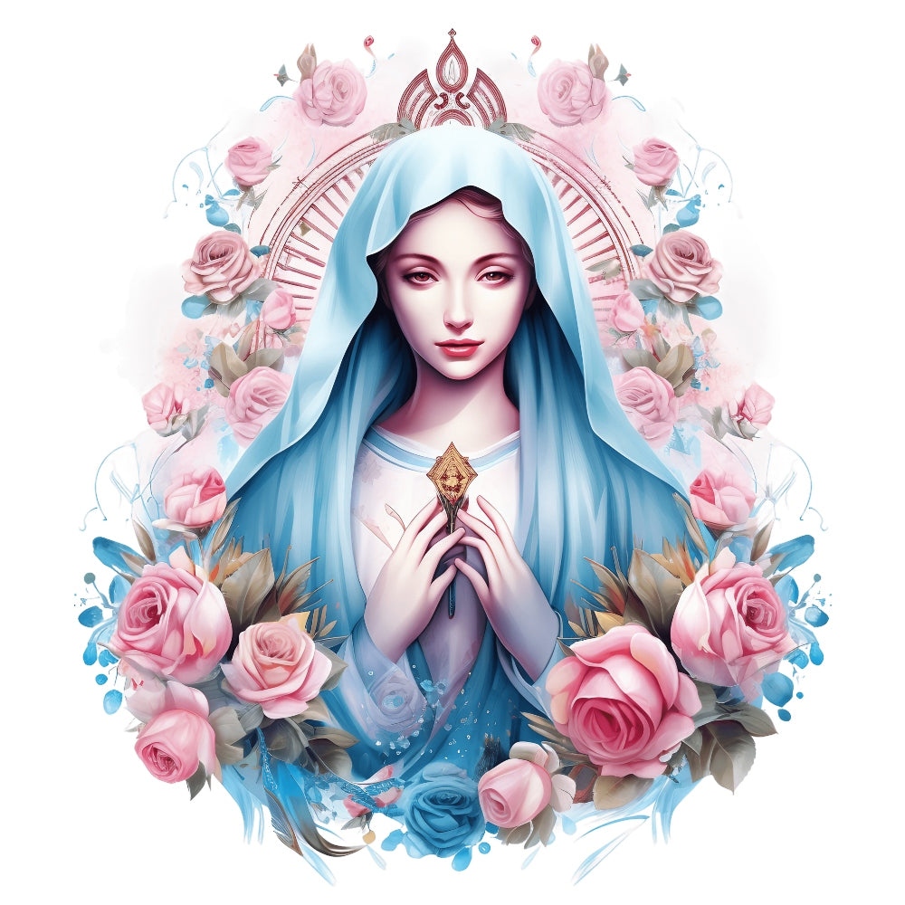 Mother Mary Catholic Fabric Panel 15 showcasing a serene Virgin Mary with pink roses and intricate blue and gold details.