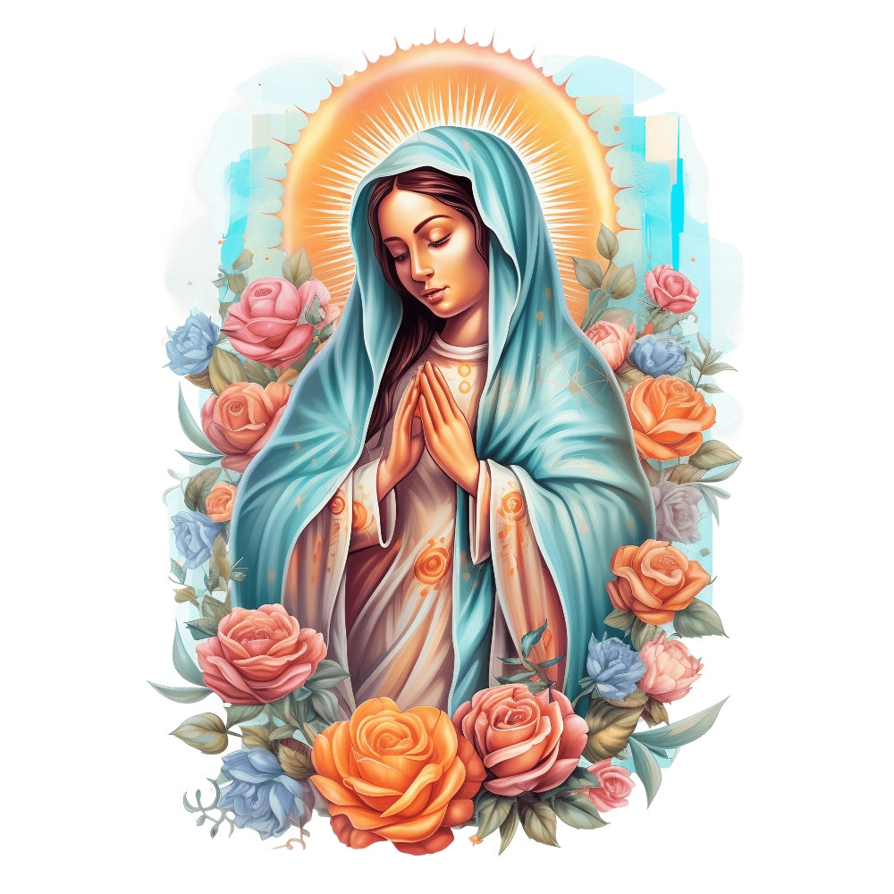 Mother Mary Catholic Fabric Panel 16 showing Virgin Mary in blue cloak with halo surrounded by colorful roses on quilting cotton.