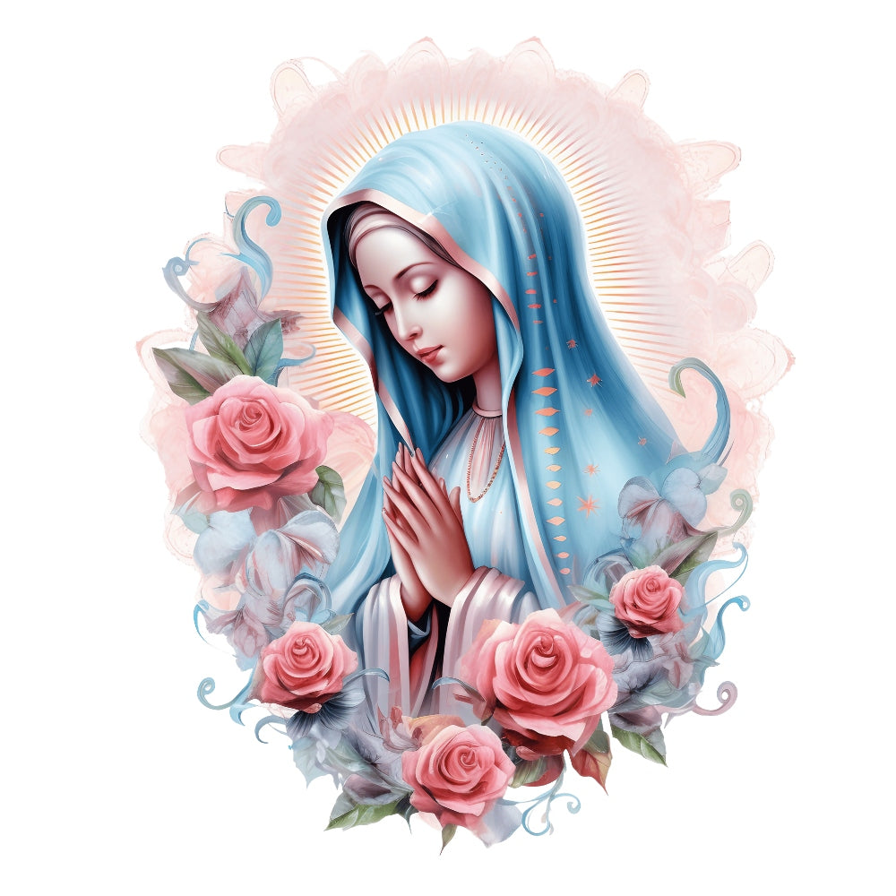 Mother Mary Catholic Fabric Panel 17 features a serene image of Mary praying surrounded by pink roses on premium quilting cotton.