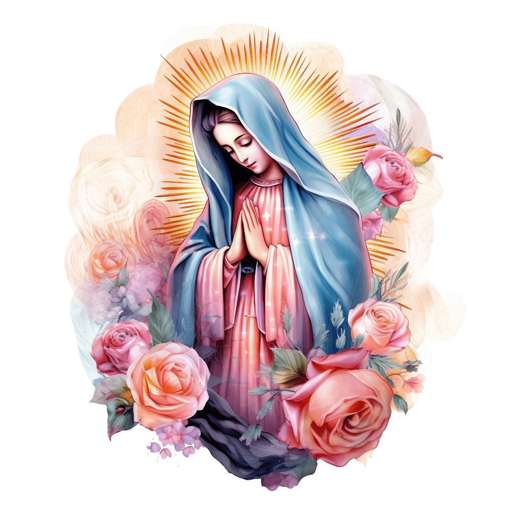 Mother Mary Catholic Fabric Panel 18 featuring a praying Virgin Mary surrounded by roses, printed on premium quilting cotton.