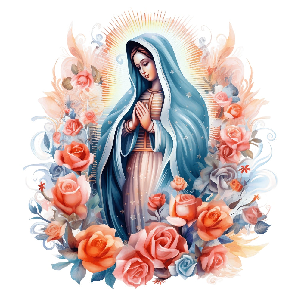 Mother Mary Catholic Fabric Panel 19 with a serene Mary in blue robe surrounded by detailed vibrant roses and soft floral background.