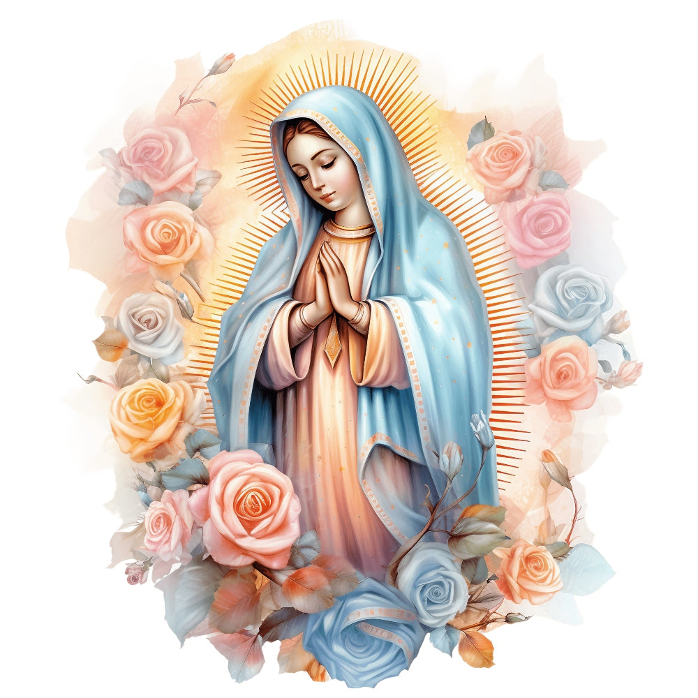 Mother Mary Catholic Fabric Panel 2 showing Virgin Mary in blue robe with praying hands surrounded by pastel roses and golden halo.