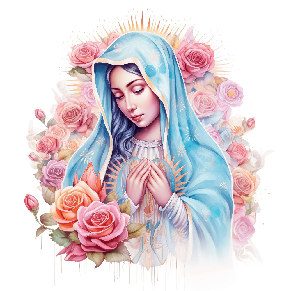 Mother Mary Catholic Fabric Panel 20 featuring a serene Virgin Mary with roses, printed on premium quilting cotton.