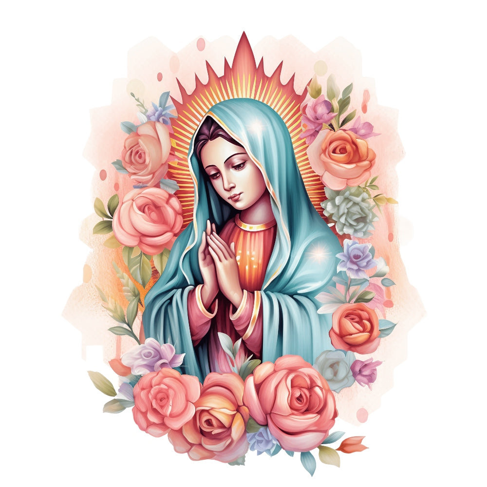 Mother Mary Catholic Fabric Panel 3 showing praying Virgin Mary with halo surrounded by colorful roses on premium quilting cotton.