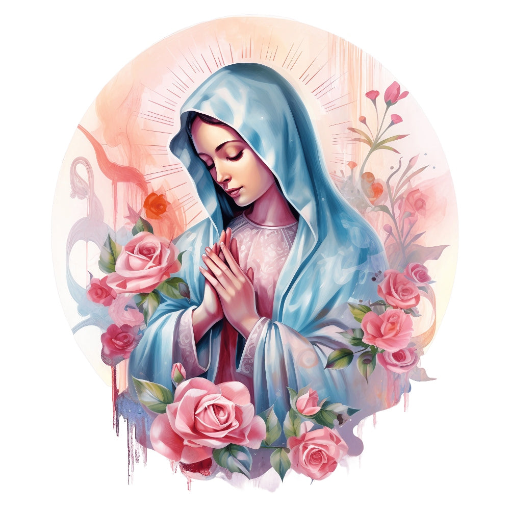 Mother Mary Catholic Fabric Panel 4 depicting Virgin Mary in blue robe with roses, printed on premium quilting cotton.