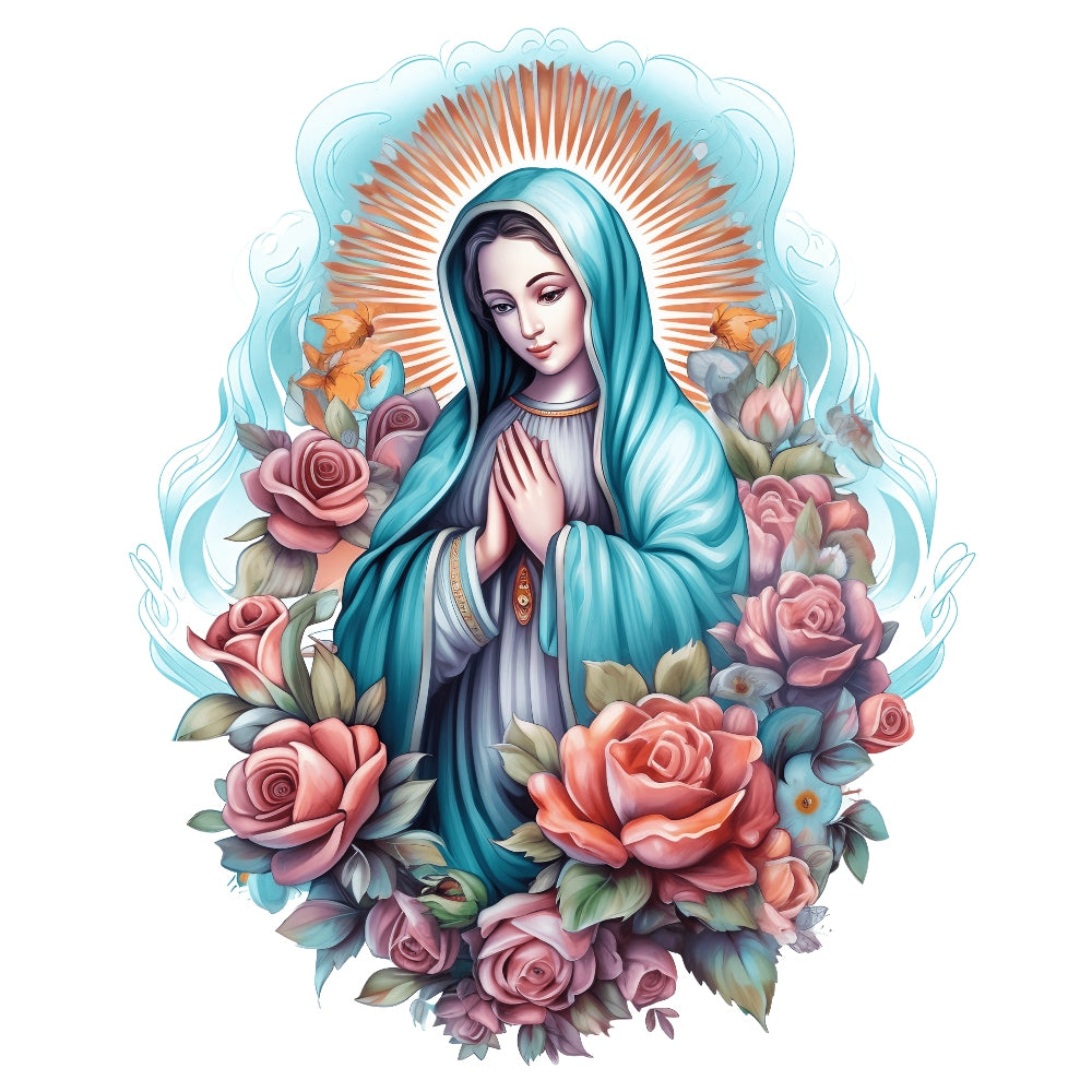 Mother Mary Catholic Fabric Panel 5 featuring praying Virgin Mary surrounded by roses with radiant halo on premium quilting cotton