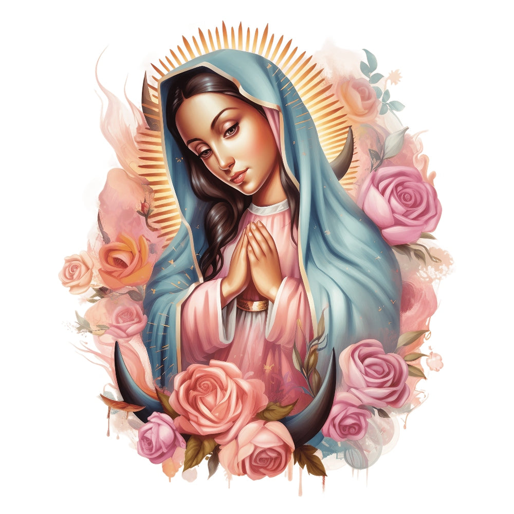Mother Mary Catholic Fabric Panel 6 featuring praying Virgin Mary with blue veil surrounded by pink roses and golden halo.