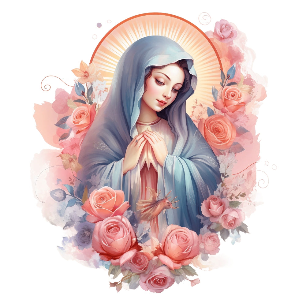 Mother Mary Catholic Fabric Panel 7 featuring a serene Virgin Mary with a halo surrounded by pink roses on cotton quilting fabric.