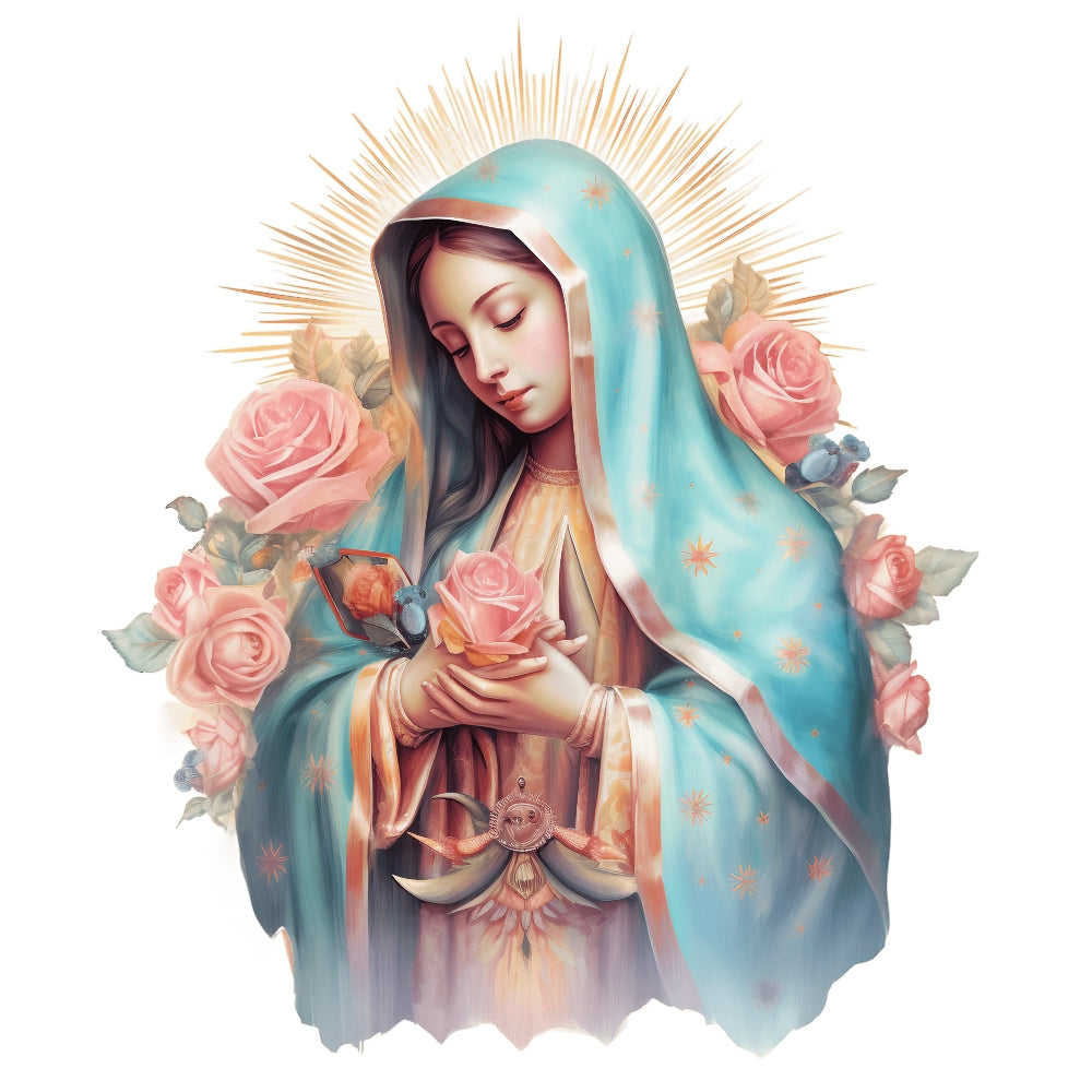 Mother Mary Catholic Fabric Panel 8 showing a serene Virgin Mary in a blue cloak with pink roses and golden rays.