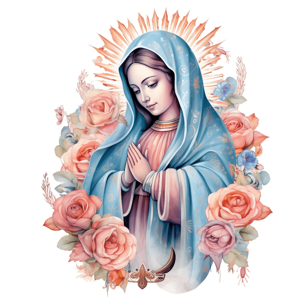 Mother Mary Catholic Fabric Panel 9 featuring serene Virgin Mary with blue veil surrounded by pink roses and radiant halo.
