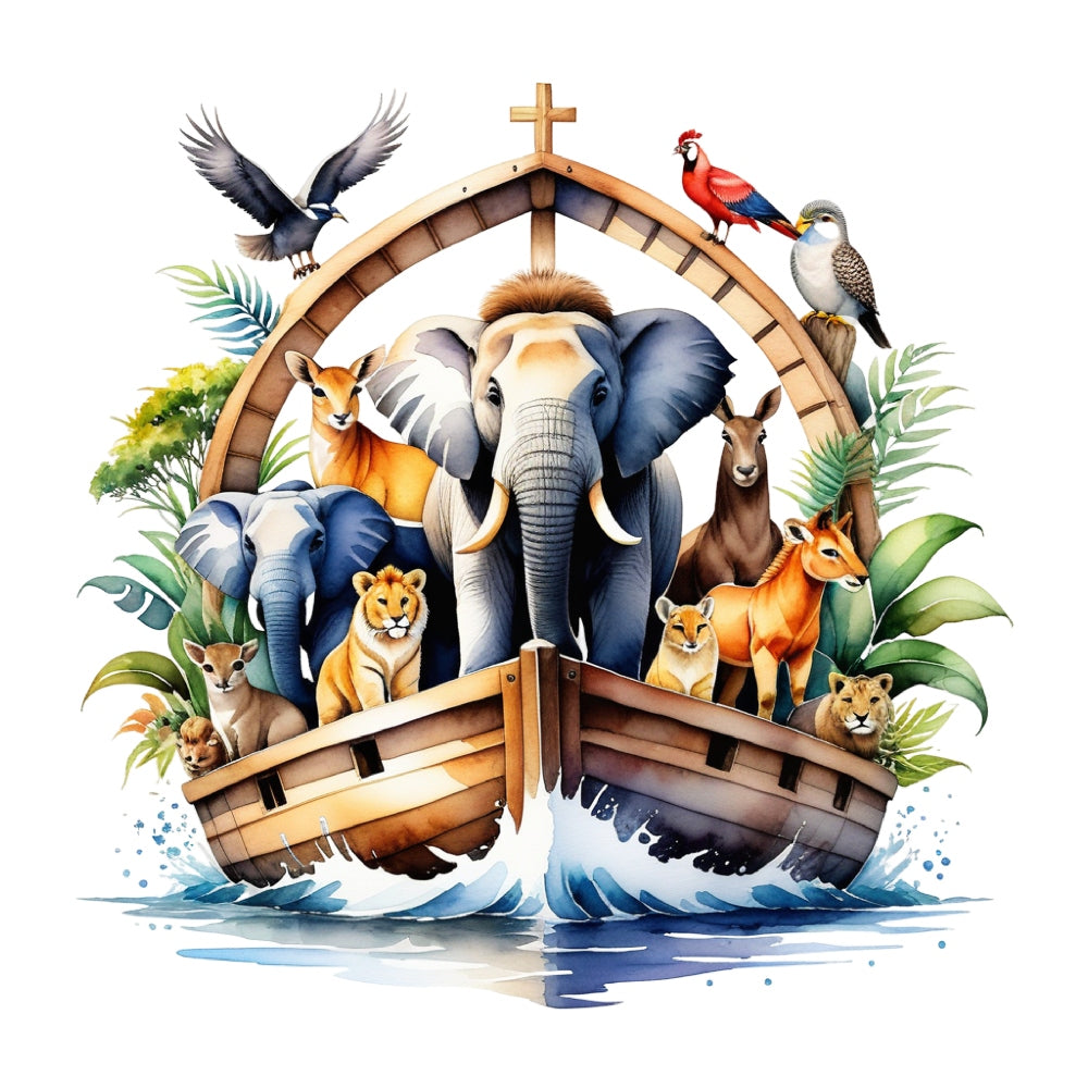 Noah's Ark Round Fabric Panel 15 features colorful animals aboard an ark with premium quilting cotton print.