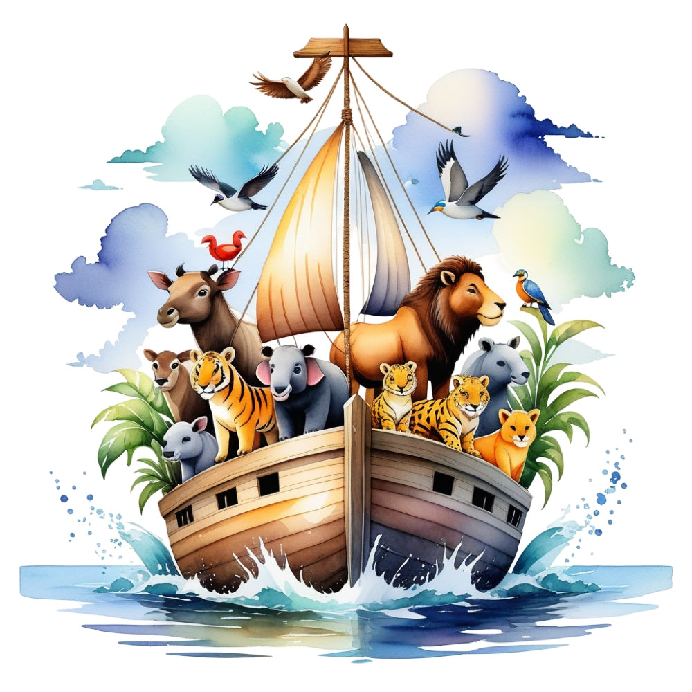 Noah's Ark Round Fabric Panel 5 featuring vibrant animals aboard a wooden ark with colorful sails on premium quilting cotton.