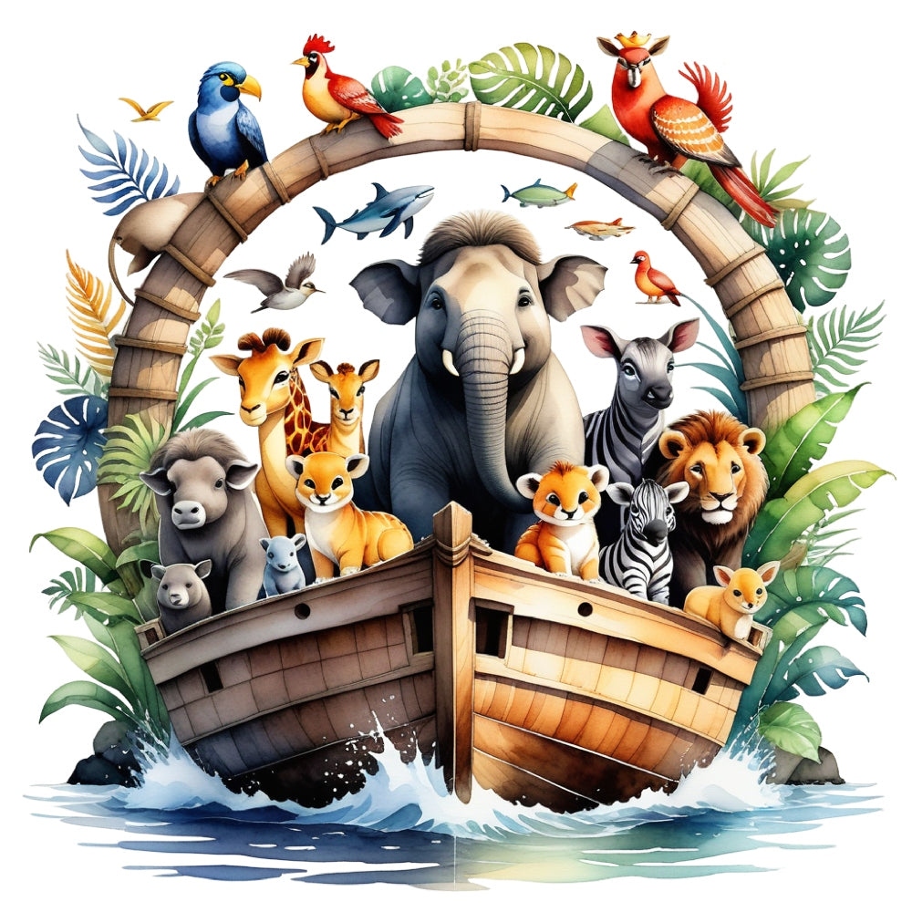 Noah's Ark Round Fabric Panel 9 features detailed colorful animals on a wooden ark sailing on water with tropical leaves background.