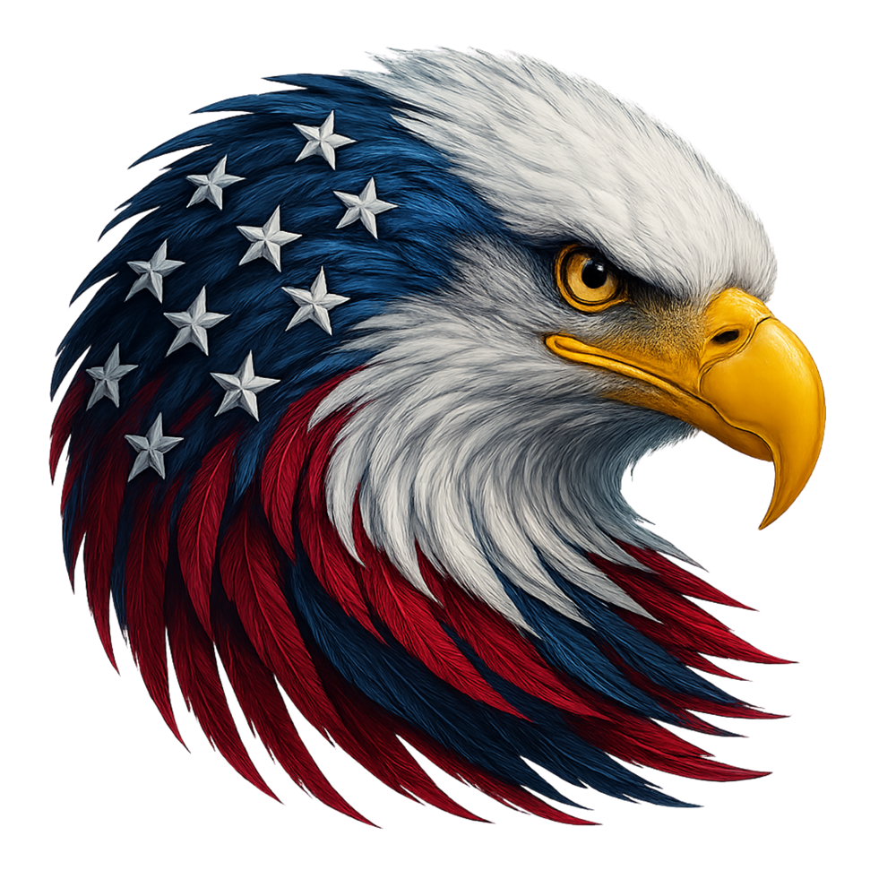 Patriotic Eagle Head Fabric Panel featuring a detailed bald eagle with American flag colors in premium quilting cotton design.