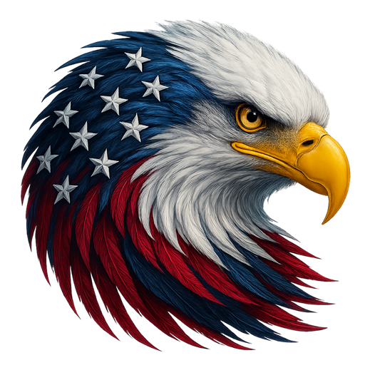 Patriotic Eagle Head Fabric Panel featuring a detailed bald eagle with American flag colors in premium quilting cotton design.