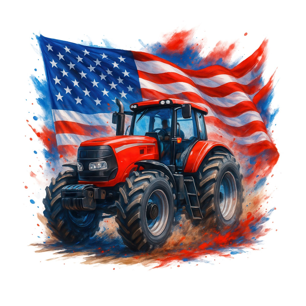 Patriotic Tractor Fabric Panel 1 with a detailed red tractor in front of a waving American flag background design.