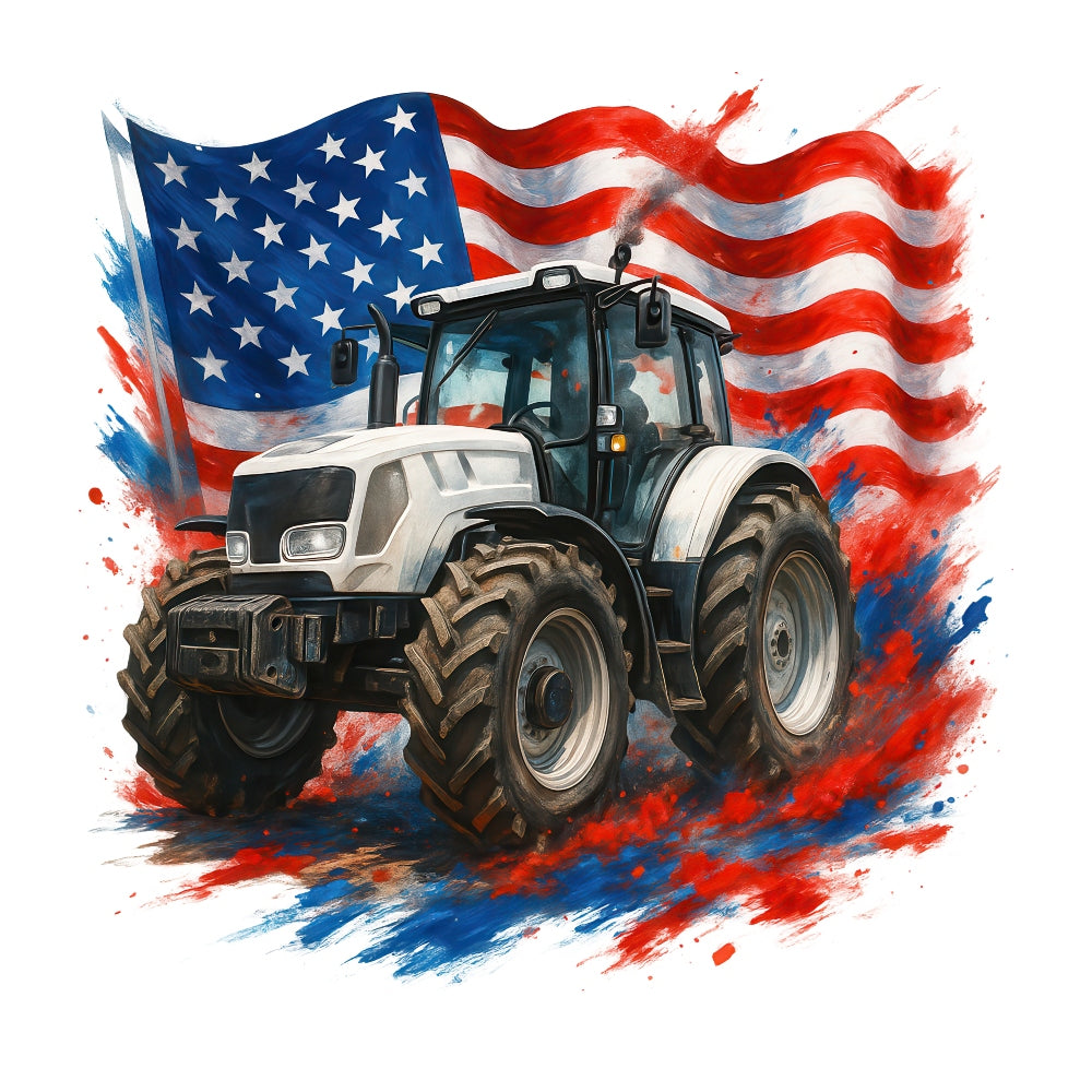 Patriotic Tractor Fabric Panel 17 featuring a detailed tractor with an American flag backdrop in vibrant colors.