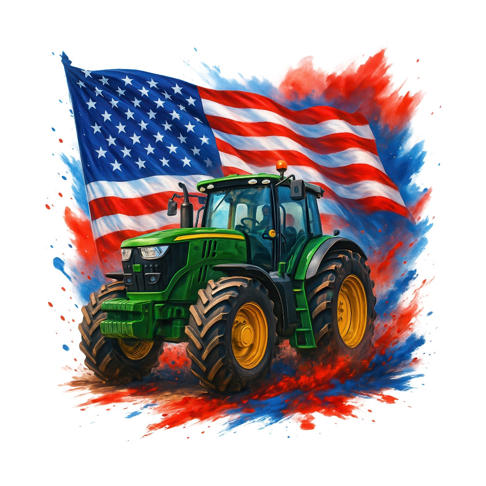 Patriotic Tractor Fabric Panel 3 featuring a green tractor in front of a large, vibrant American flag with red, white, and blue splashes.