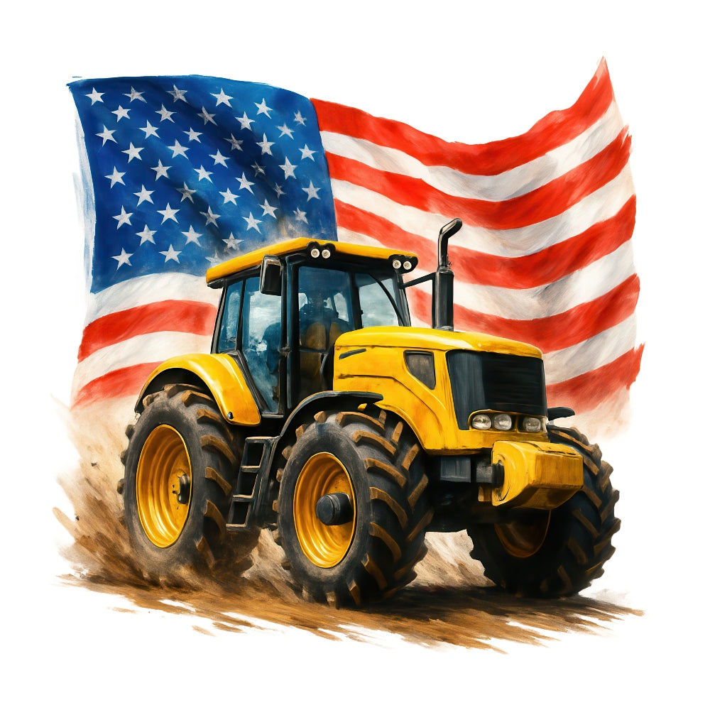 Patriotic Tractor Fabric Panel 6 featuring a yellow tractor with large tires and a waving American flag background.