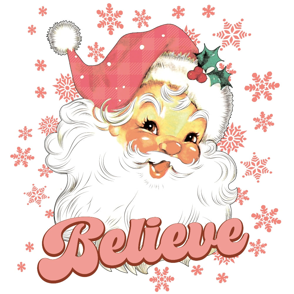 Pink Santa Claus Believe Fabric Panel featuring a vintage Santa face with holly and snowflakes on premium quilting cotton.