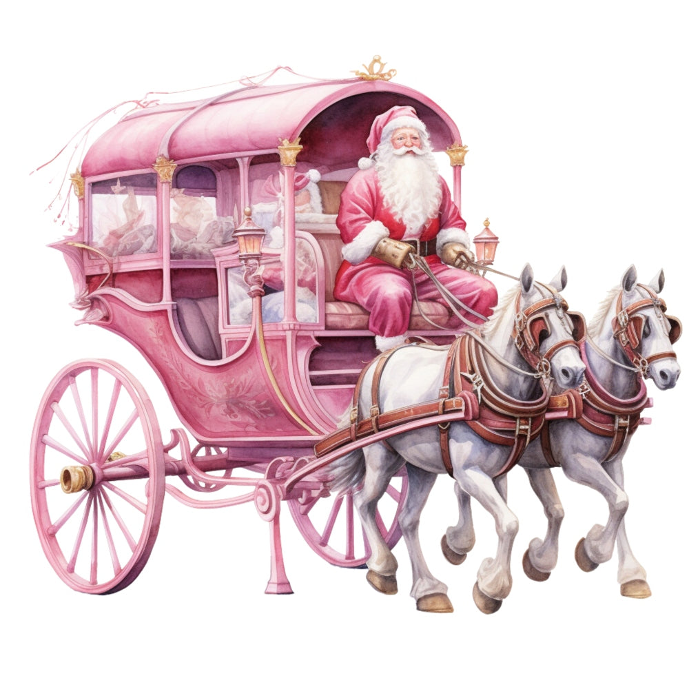 Pink Santa Claus Fabric Panel 3 featuring a pink horse-drawn carriage with Santa in premium quilting cotton print.