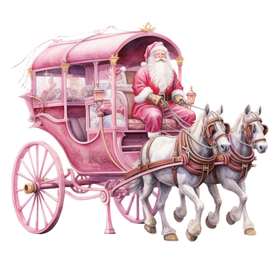 Pink Santa Claus Fabric Panel 3 featuring a pink horse-drawn carriage with Santa in premium quilting cotton print.