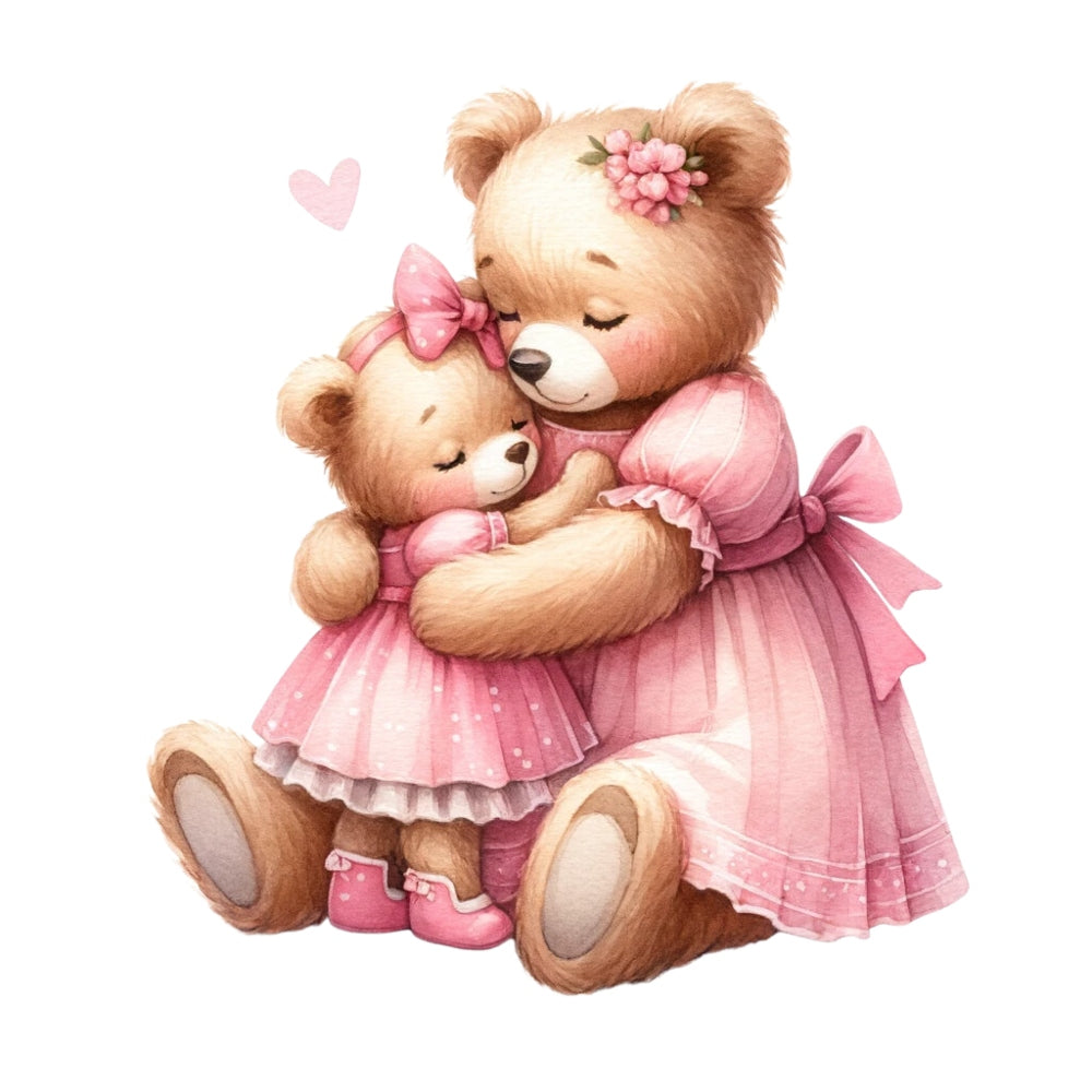 Pink Teddy Bears Fabric Panel 12 featuring a mother and baby bear hugging, both dressed in detailed pink dresses with a soft heart above.