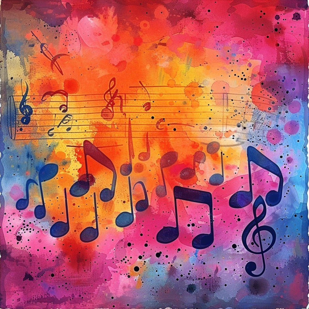 Pop Art Music Notes Fabric Panel 8 with vibrant multicolor background and bold black musical notes on premium quilting cotton fabric.